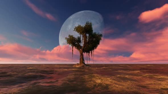 Trees grow in the middle of the sea at night on the full moon