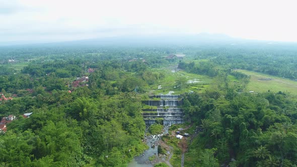 Aerial view Grojogan Watu purbo waterfall is very beautiful located Sleman, Yogyakarta, Indonesia