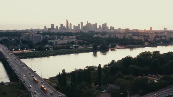 Establishing Sunset Aerial View of Warsaw Poland in Evening