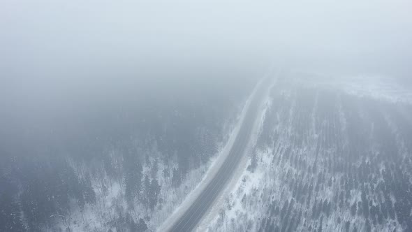 Aerial view of a wild winter forest and road, Beautiful road in the winter snowy forest