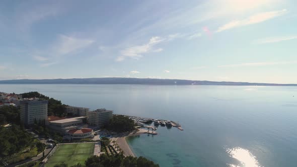 Coastal resort area with hotel building in Split city, Croatia. Aerial drone shot