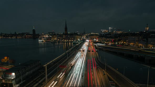 Stockholm City Skyline Traffic Time Lapse At Night