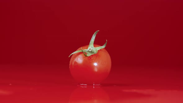 Set of Video Shots of Red Ripe Tomatoes with Green Tails Falling on Wet Reflective Table Surface