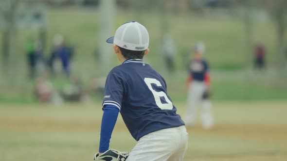 Slow Motion of Kid in Position in Middle of Baseball Game