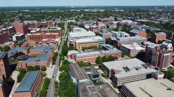 Ohio State University flyover of the north campus.  aerial drone.