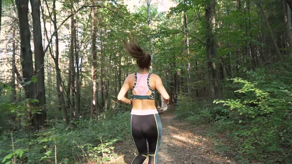 Beautiful, Fit Girl with Ponytail Jogging in the Forest