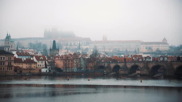 Panoramic View of Pague Charles Bridge in Foggy Weather