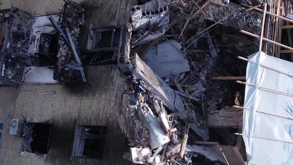 Vertical Video Ukraine Makariv  Building Destroyed By War