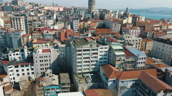 Cinematic aerial shot of Istanbul city with Galata tower in winter