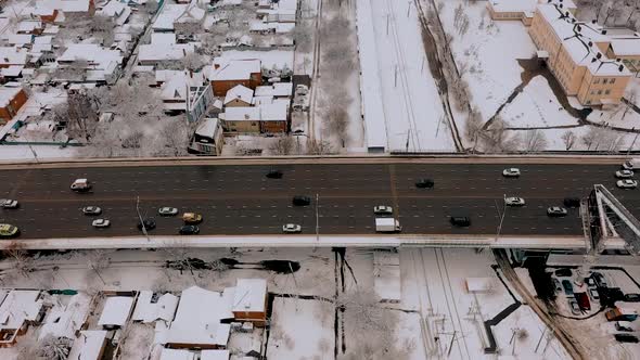 View From Above of the City Krasnodar with Freeway and Bridge Traffic