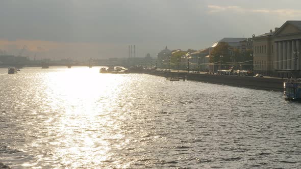 Amazing Cityscape of Saint Petersburg with Neva River in Sunny Weather, Sun Is Reflecting