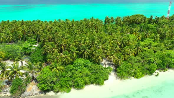 Aerial drone view scenery of relaxing coastline beach journey by blue green sea and bright sand back