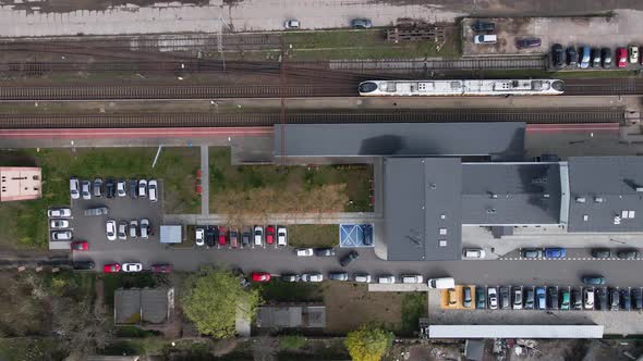 Aerial View of Railway Station with Arriving Train