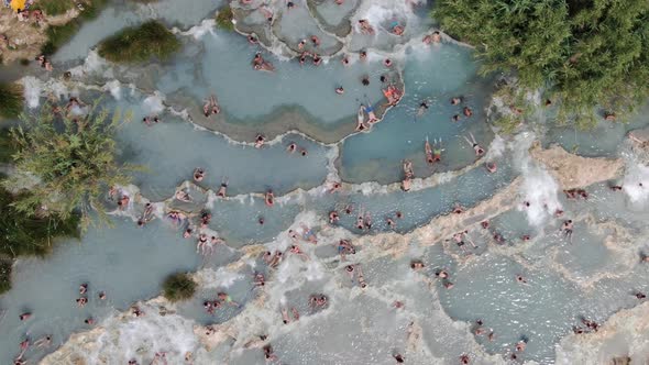 Drone at Cascate del Mulino hot springs near Saturnia in Tuscany, Italy, Europe