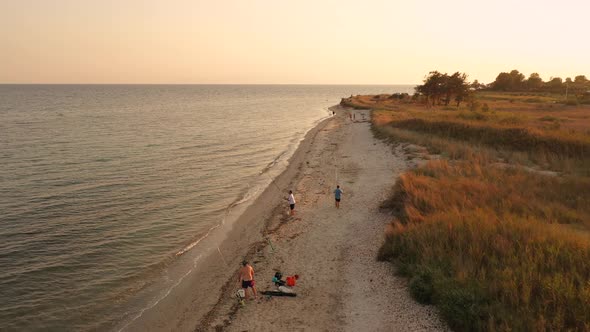 Aerial Top View Above Sunset Sand Beach Sea