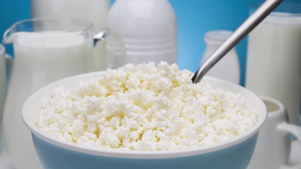 Bowl of cottage cheese, served with various dairy products