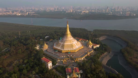 Mumbai, India, "Global Pagoda" temple, 4k aerial drone sunset footage