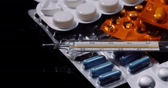 Various Medical Pills Drugs Black Background Pharmaceutical Industry