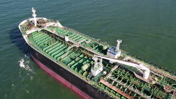 Aerial view of big oil, chemical tanker sails. Tanker ship logistic and transportation business oil