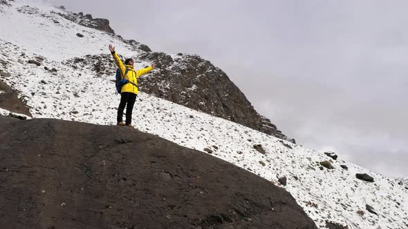 Young Hiker On Mountain Peak At Sunset Successful Pose Outstretched Arms Business Life Achievement