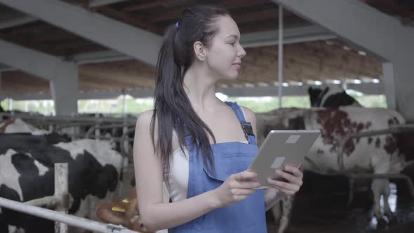 Portrait of Young Pretty Female Worker on the Cow Farm Checking Working Process, Using Her Tablet