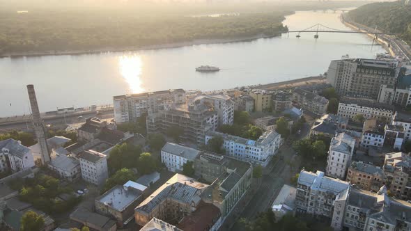 Historical District of Kyiv - Podil in the Morning at Dawn, Ukraine, Aerial View