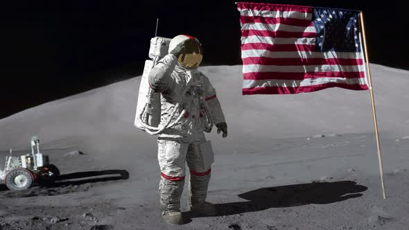 Astronaut saluting the American flag. 3d rendering.