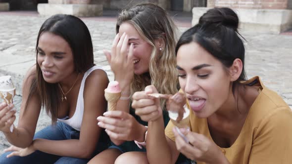 Happy Multiracial Women Friends Having Fun Eating Ice Cream on Summer Holidays