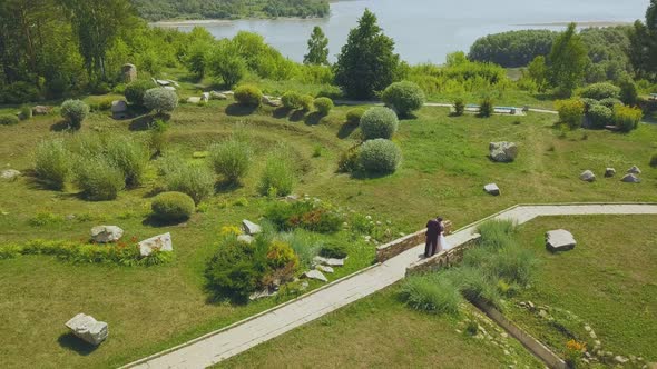 Just Married Couple Kisses on Bridge in Park Bird Eye View