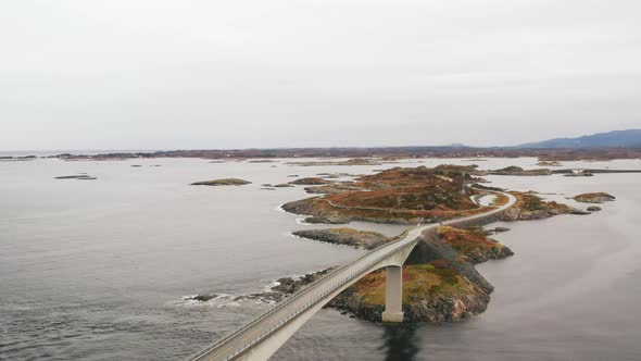 Aerial view of Storseisundet Bridge surrounded by sea and islets, Atlantic Road, More og Romsdal cou