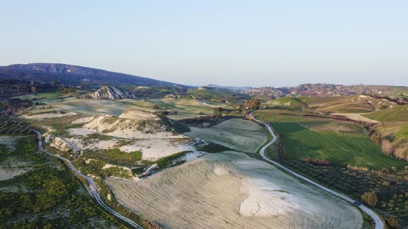 Aerial view of rolling green hills