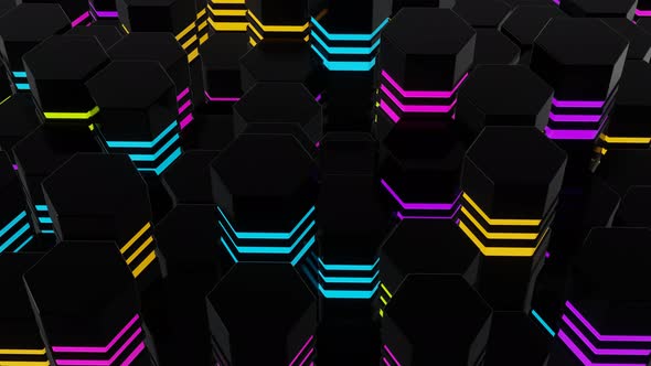 4k Abstract looped background waves of cubes on the plane and neon lights. A grid of cubes. 4K Video