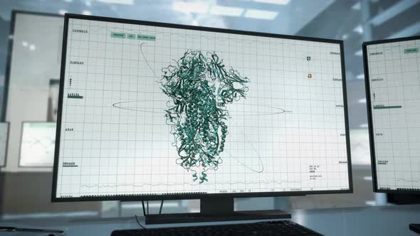 Covid-19 spike protein structure examination shown on computer screens. UI alt