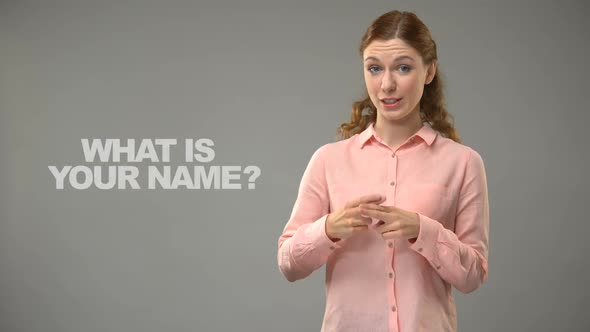 Lady Asking What Is Your Name in Asl, Text on Background, Communication for Deaf