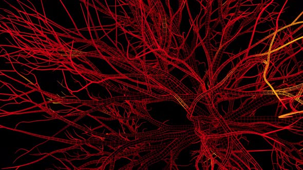 Stylish Abstract Animation. Dark red network like nerves or tree branches rotates on a seamless loop