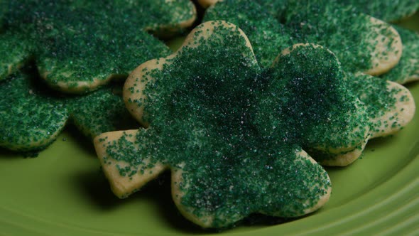 Cinematic, Rotating Shot of Saint Patty's Day Cookies on a Plate