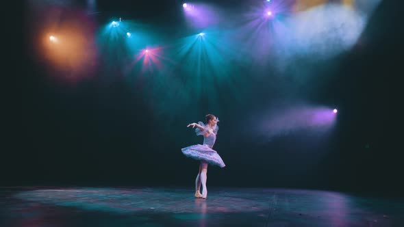 Ballet. Graceful ballerina dancing elements of classical ballet in the beautiful light and smoke on