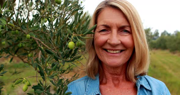 Portrait of happy woman standing in olive farm 4k