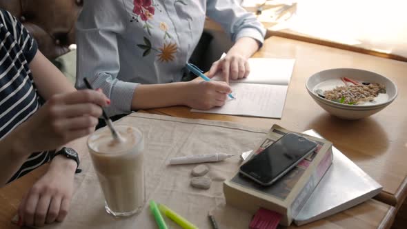 Female Student Writes Course Work on Her Computer Freelancer Girl Working at Cafe Via Notebook