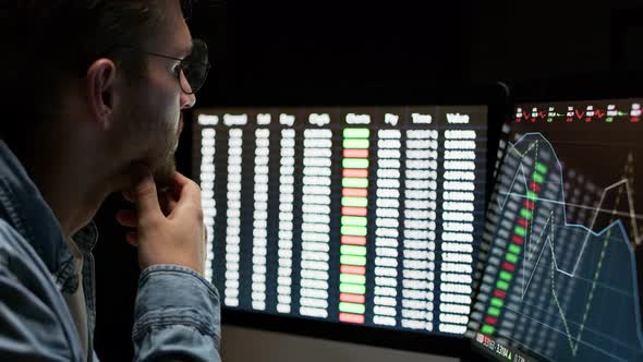 Man working late at stock market. Shot with RED helium camera in 8K