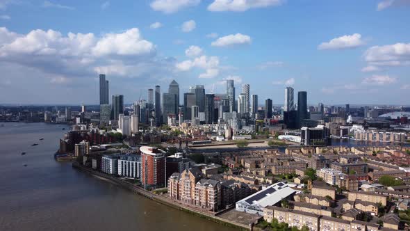 Aerial view Canary Wharf in Tower Hamlets, London. Banking and business district