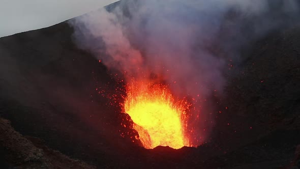 Lava Lake in Crater of Active Volcano, Eruption Red Hot Lava, Gas, Ashes, Steam