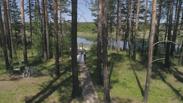 Aerial view of groom and bride are walking in the forest towards the river. 30