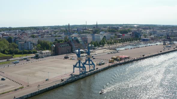 Aerial View of Docks with Two Harbour Cranes