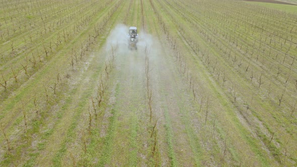 Aerial View of a Farming Tractor Driving Spraying on Orchard Apple Fruit Garden with Sprayer