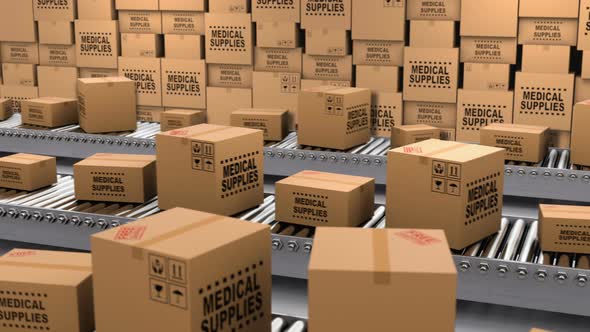 Cardboard Boxes with Medical Supplies and Donations on the Conveyor Belt 4k