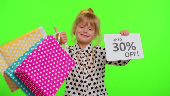 Kid Child Girl Showing Shopping Bags and Up To 30 Percent Off Inscriptions Banner Text Black Friday