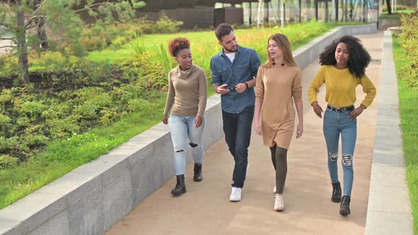 group of friends of 4 people who are walking in the park and chatting