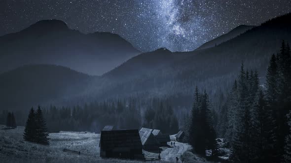 Milky way over Chocholowska valley at night, Tatra Mountains, Poland