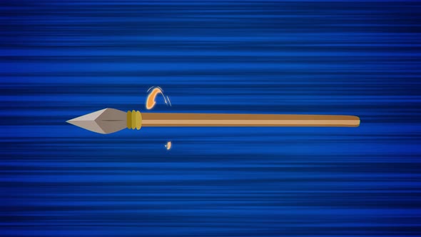 Flying spear on blue background. Looped animation of athletics javelin throw. Moving spear